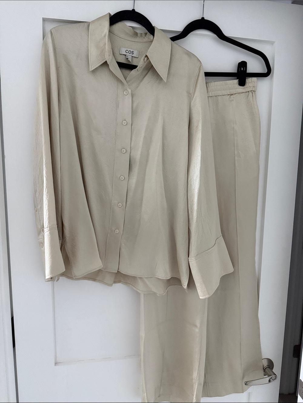 COS Neutral Silk Shirt and Wide-Leg Trousers in Beige